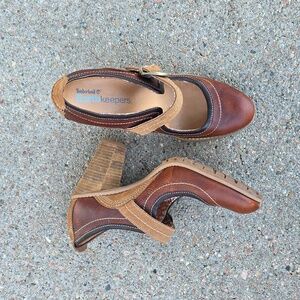 Timberland Brown Tan Leather Earth Keepers Chauncey Mary Jane Buckled Heels